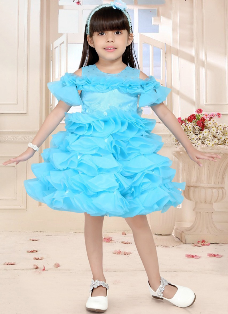Sky Blue Multi Layered Fancy Party Dress For Baby (Set Of 4 pcs) Catalog